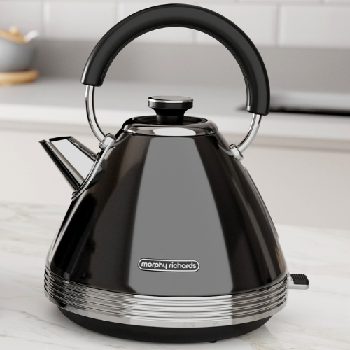 Black Morphy Richards kettle on a kitchen counter