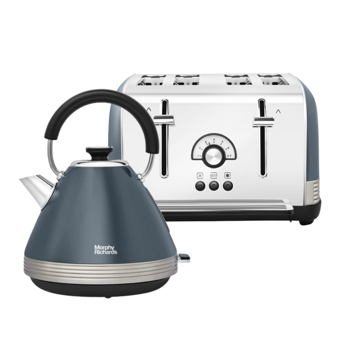 A set of Morphy Richards kitchen appliances, featuring a blue pyramid kettle and a silver toaster, both with retro design elements.