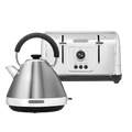 A silver kettle and toaster set with a vintage finish and modern technology, including the kettle having a金字塔 silhouette and the toaster with variable browning controls.
