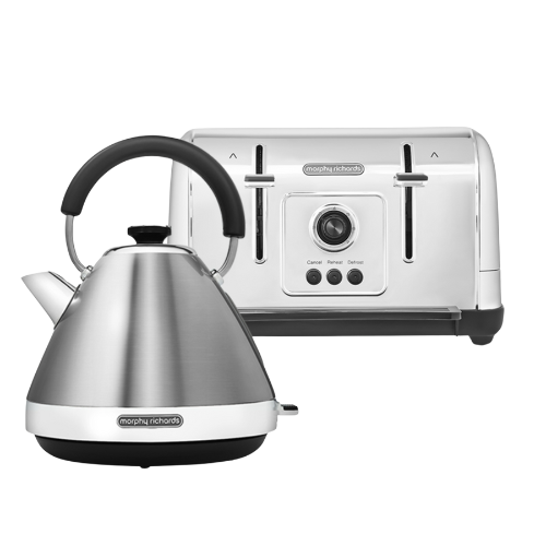 A silver kettle and toaster set with a vintage finish and modern technology, including the kettle having a金字塔 silhouette and the toaster with variable browning controls.