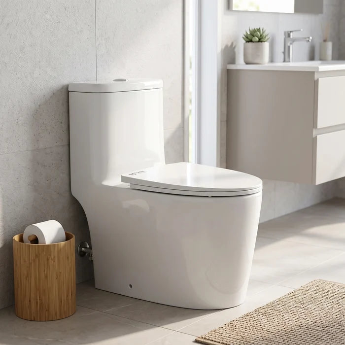 VITI Washdown Spinning Flush WC Complete Set with UF Seat Cover (P-180mm) - White in a room setting