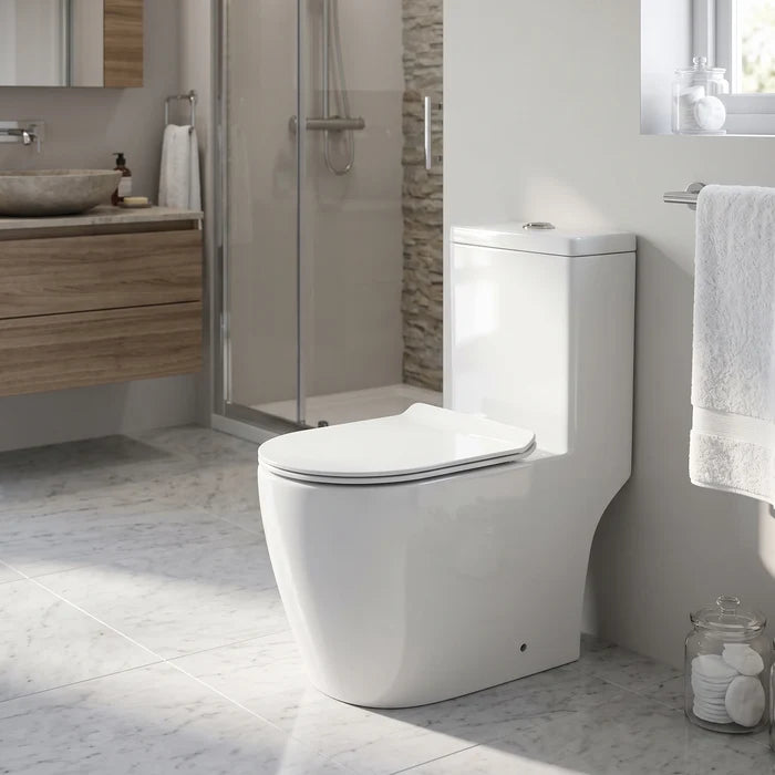 VIZION Washdown Spinning Flush WC Complete Set with UF Seat Cover (S-250mm) - White in a room setting