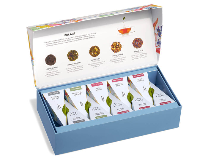 Volare Gift Set Petite Box of 10 teas, lid open revealing tea menu and teas