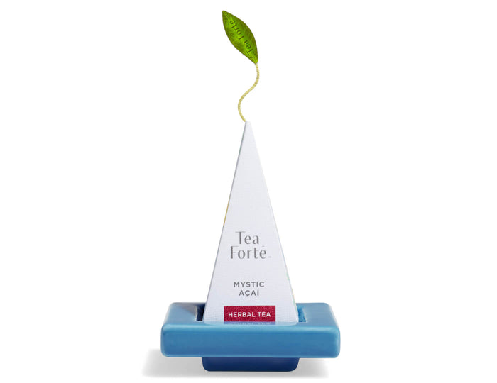 Tea Tray in Mystic Blue, shown with infuser perched on top