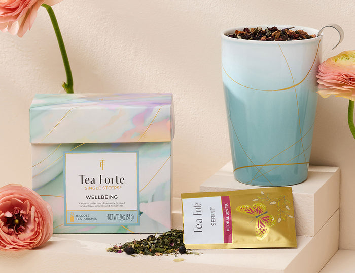 MAIN PDP | Wellbeing Loose Tea Tasting Set of one Single Steeps Sampler and one Wellbeing KATI Cup
