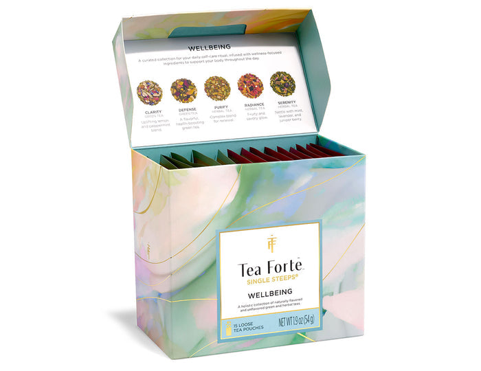 Tea Forte Wellbeing Single Steeps® Sampler box copen revealing menu on inside lid