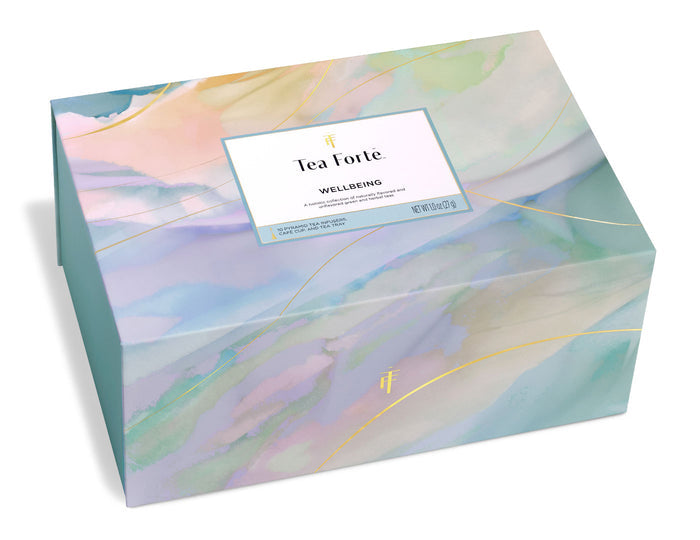 Yea Forte Wellbeing luxury gift set box with watercolor pastel design and gold accents.