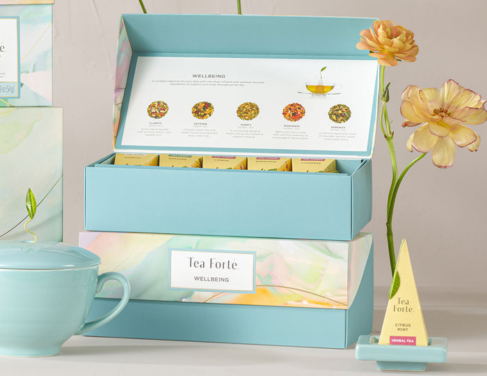 Wellbeing Petite Presentation Box, on top of Presentation Box, with lid open, along with tea tray and Café Cup