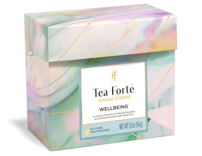 Tea Forte Wellbeing Single Steeps® Sampler box closed, side view