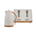 White and wooden electric kettle and toaster on a white background