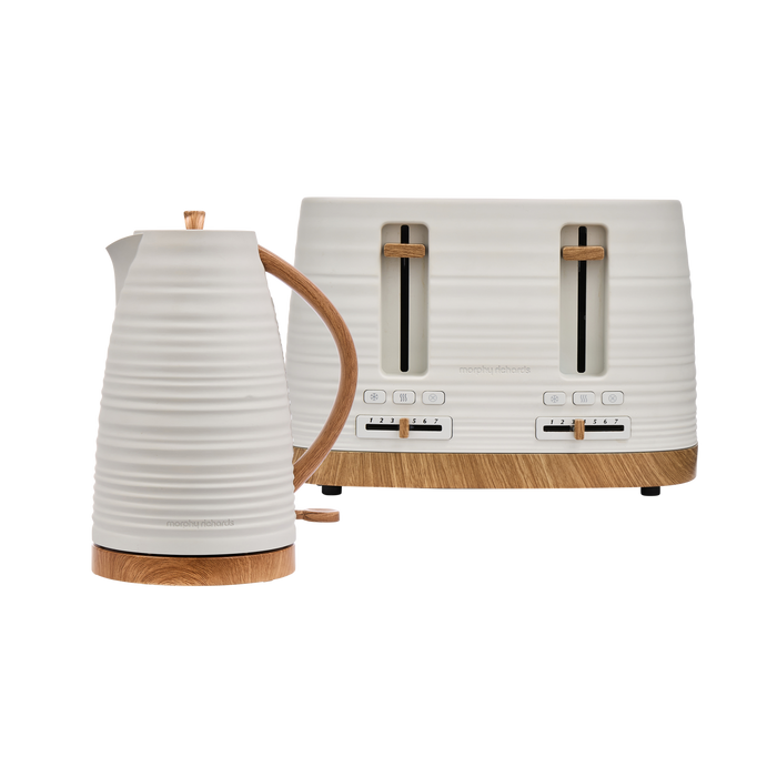White and wooden electric kettle and toaster on a white background